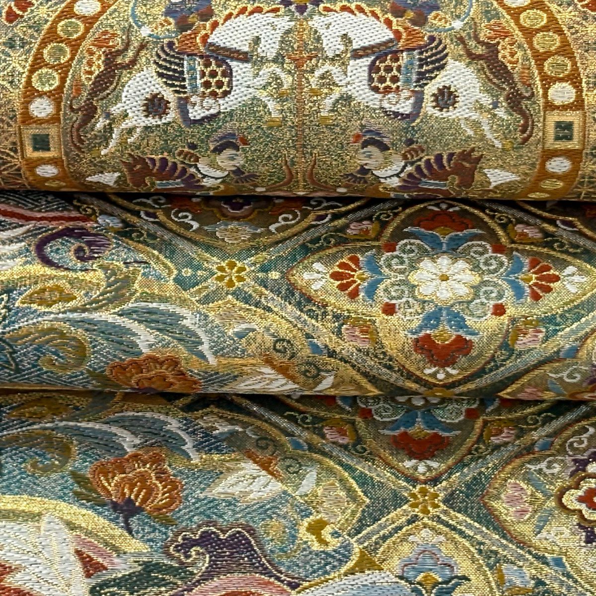 袋帶 逸品級 狩獵紋 有栖川紋 金絲 金金箔 茶綠 六通 純蠶絲