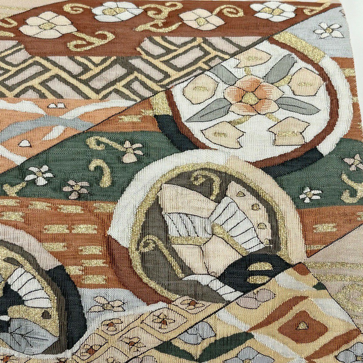 袋帶 逸品級 圓文 短冊 金絲 淺茶 純蠶絲