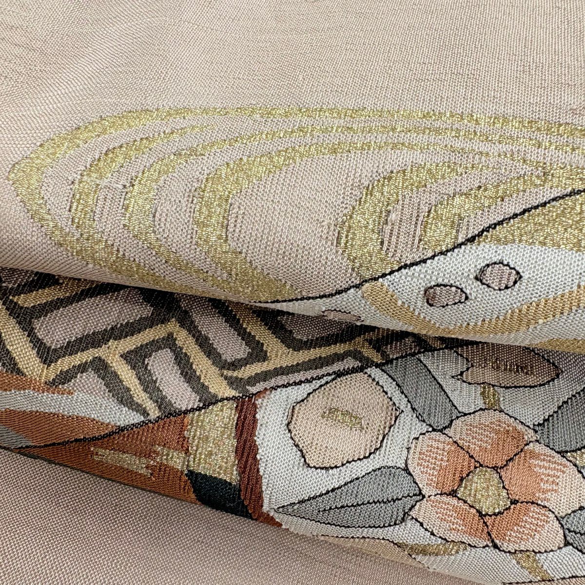 袋帶 逸品級 圓文 短冊 金絲 淺茶 純蠶絲