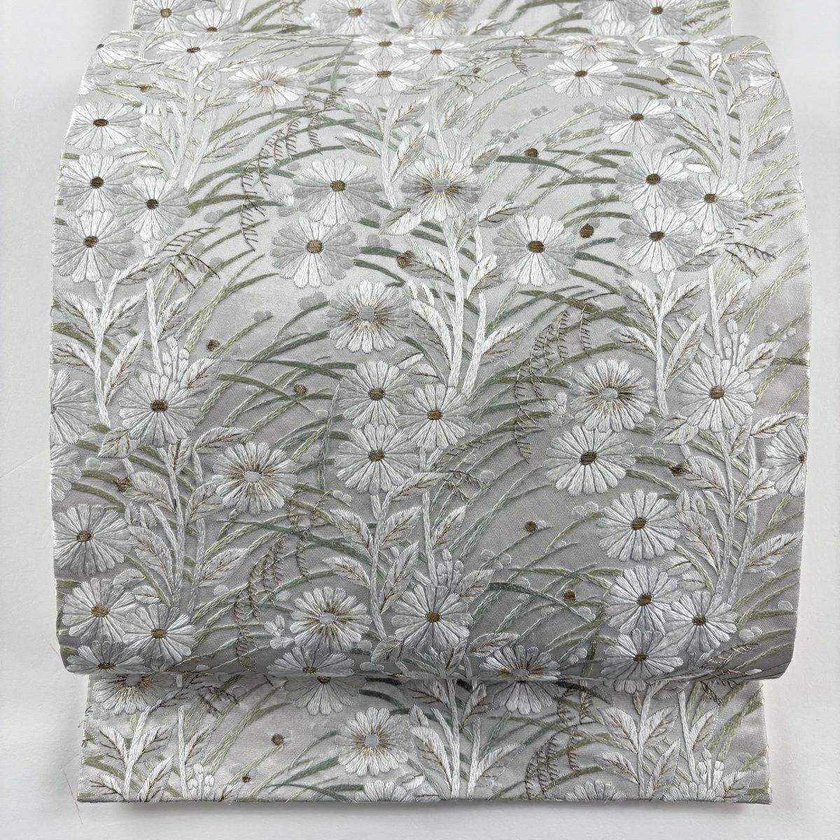 袋帶 逸品級 菊花 花 蘆葦 刺繡 金線 灰白 六通 純蠶絲