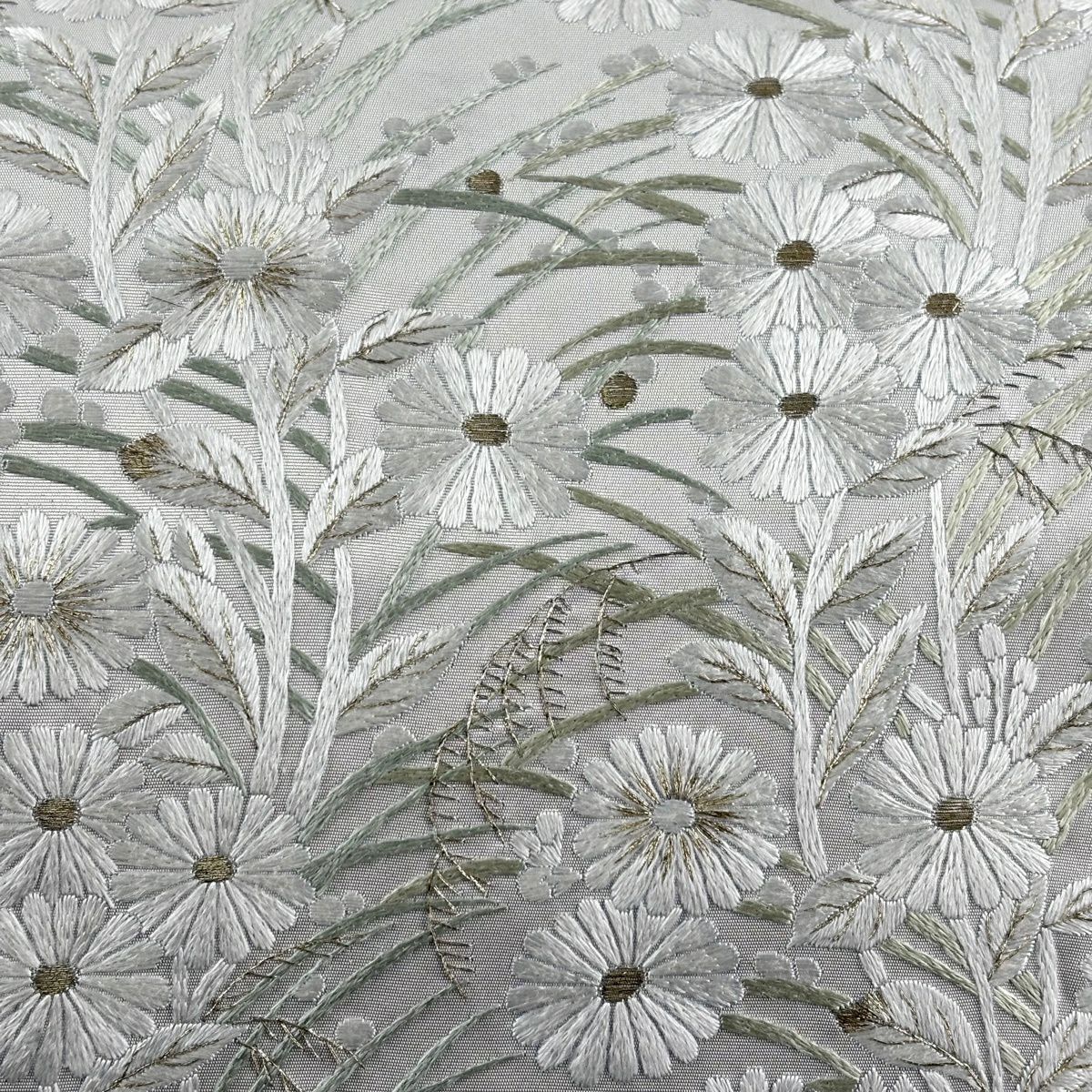 袋帶 逸品級 菊花 花 蘆葦 刺繡 金線 灰白 六通 純蠶絲