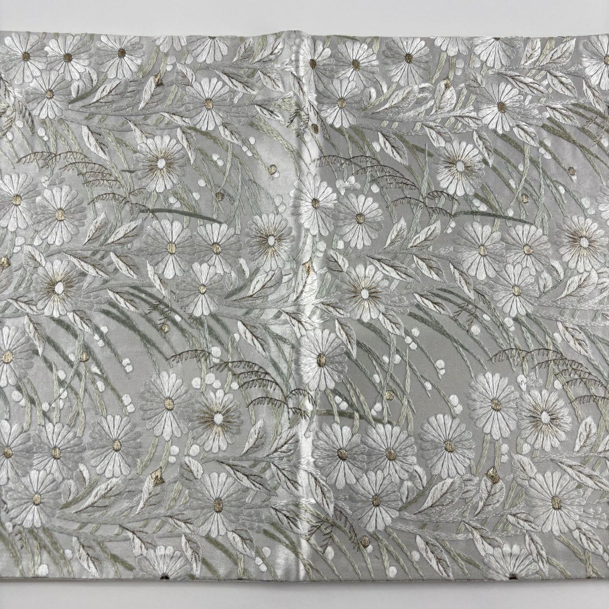 袋帶 逸品級 菊花 花 蘆葦 刺繡 金線 灰白 六通 純蠶絲
