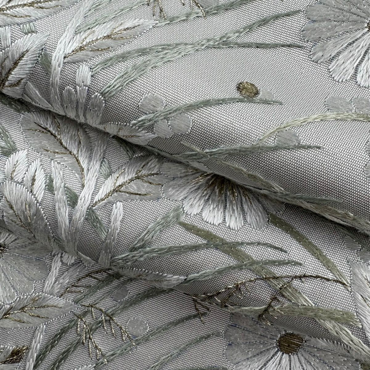 袋帶 逸品級 菊花 花 蘆葦 刺繡 金線 灰白 六通 純蠶絲