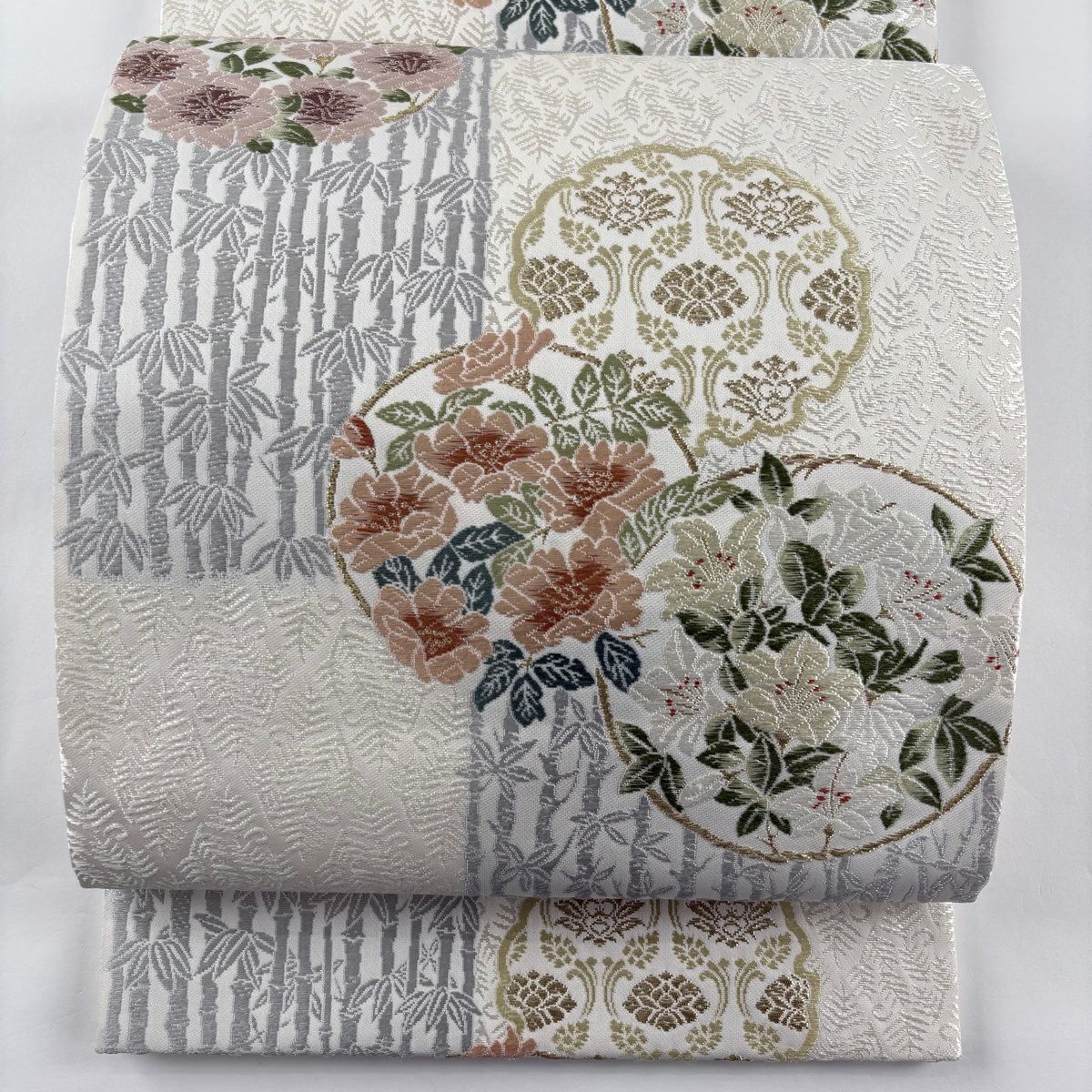【美品】 袋帶 逸品級 落款あり 中村海造 やまと 草花紋 竹子 金銀糸 唐織 奶油 六通 純蠶絲