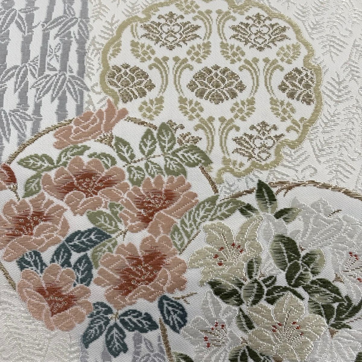 【美品】 袋帶 逸品級 落款あり 中村海造 やまと 草花紋 竹子 金銀糸 唐織 奶油 六通 純蠶絲