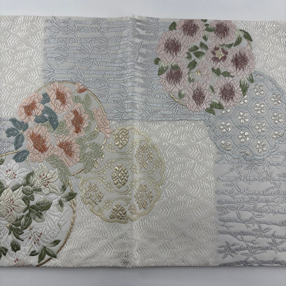 【美品】 袋帶 逸品級 落款あり 中村海造 やまと 草花紋 竹子 金銀糸 唐織 奶油 六通 純蠶絲