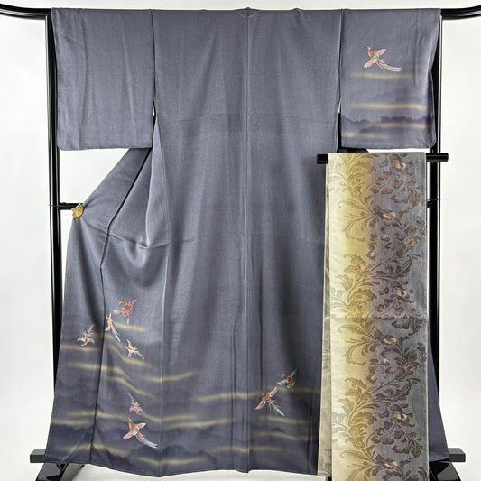 付下 身長163.5cm 袖長66cm M 雙層 袋帶套裝 鳥 霞 相良刺繡 金銀彩 灰紫 純蠶絲 名品級