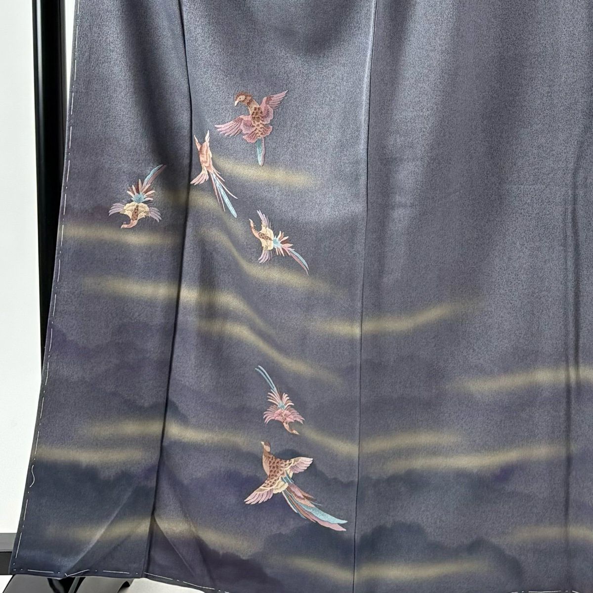付下 身長163.5cm 袖長66cm M 雙層 袋帶套裝 鳥 霞 相良刺繡 金銀彩 灰紫 純蠶絲 名品級