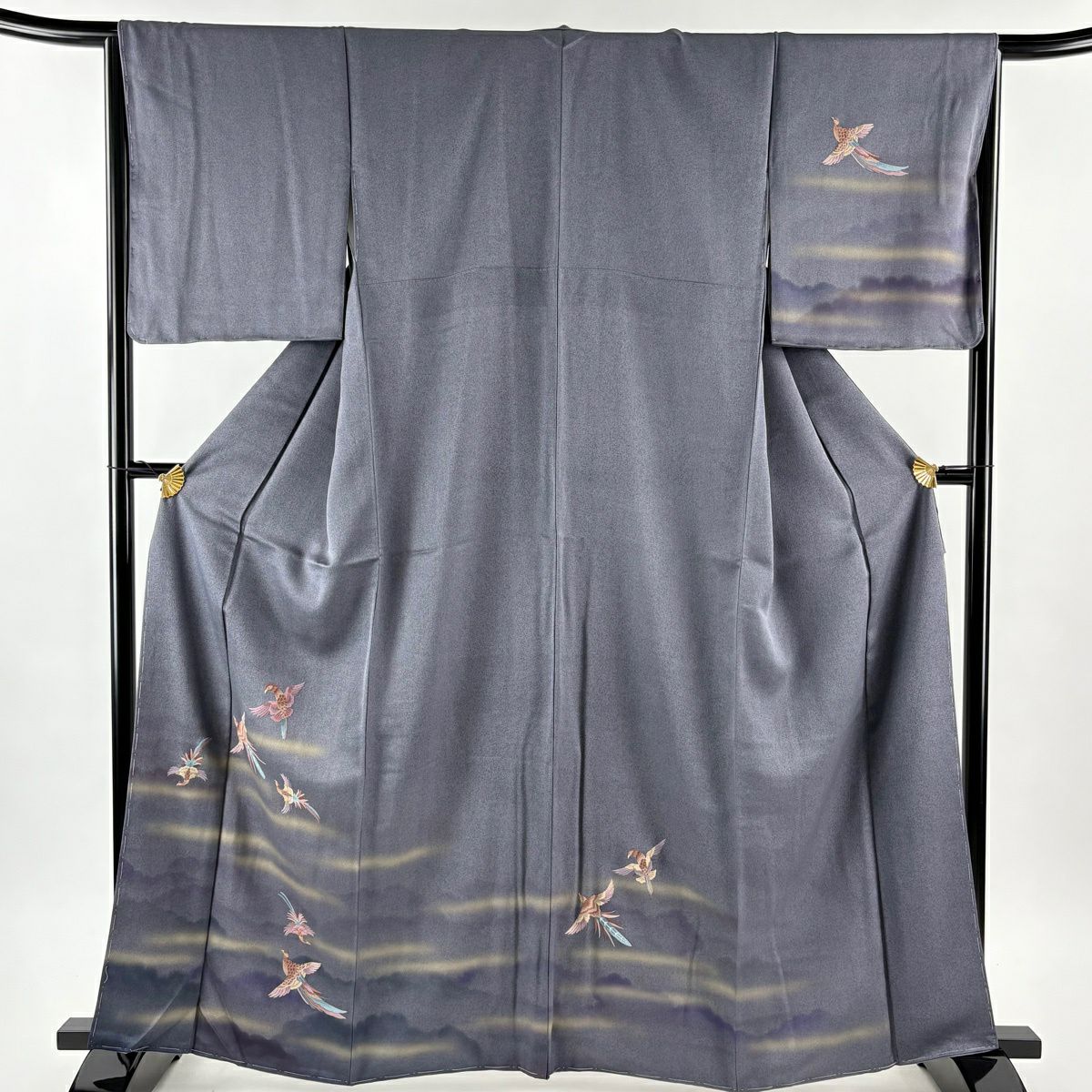 付下 身長163.5cm 袖長66cm M 雙層 袋帶套裝 鳥 霞 相良刺繡 金銀彩 灰紫 純蠶絲 名品級