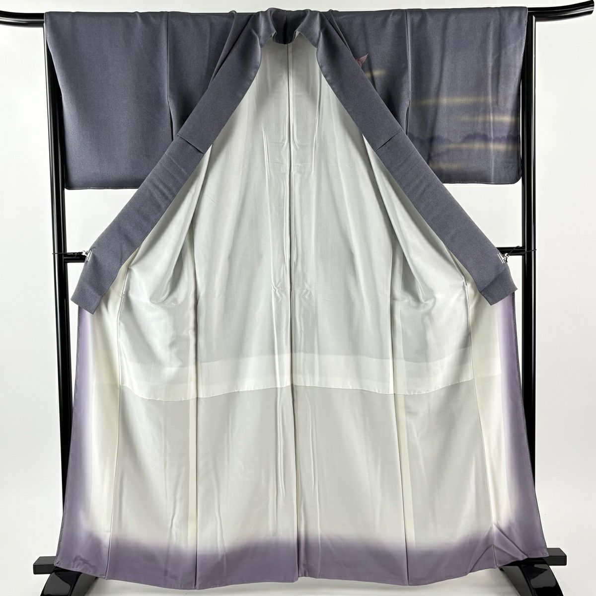付下 身長163.5cm 袖長66cm M 雙層 袋帶套裝 鳥 霞 相良刺繡 金銀彩 灰紫 純蠶絲 名品級