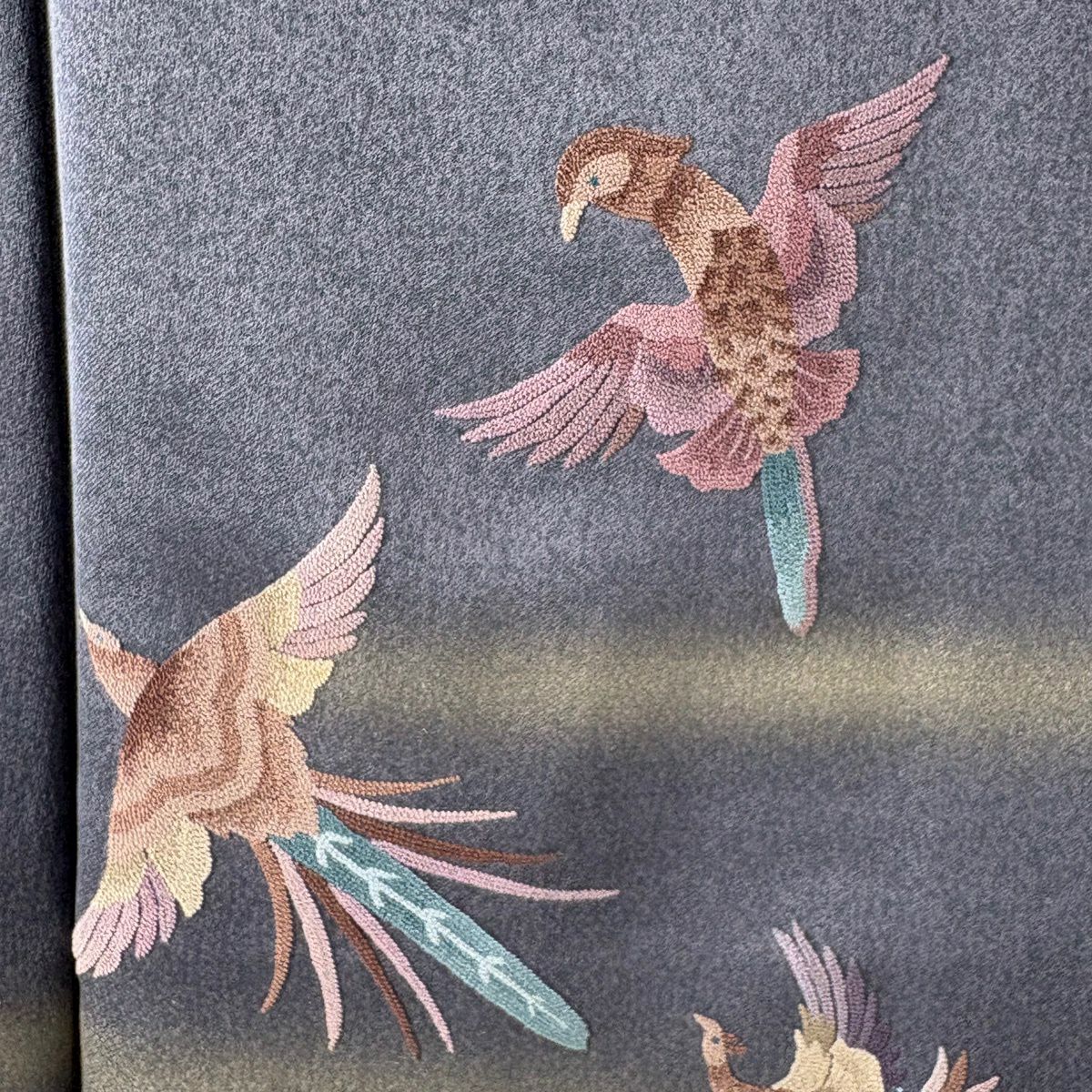 付下 身長163.5cm 袖長66cm M 雙層 袋帶套裝 鳥 霞 相良刺繡 金銀彩 灰紫 純蠶絲 名品級