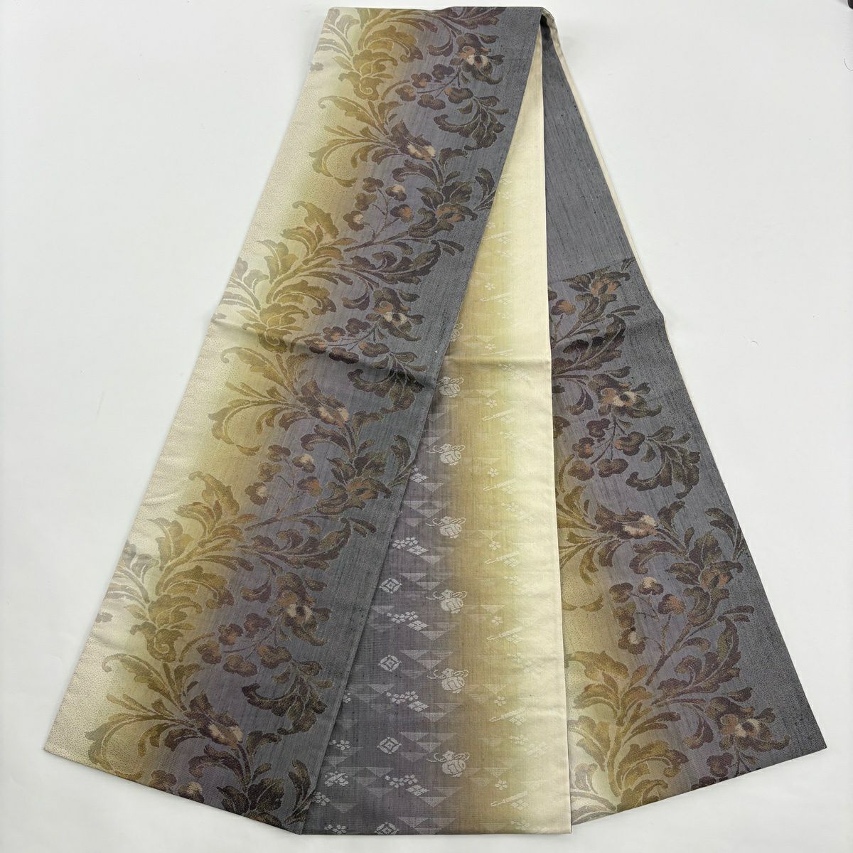 付下 身長163.5cm 袖長66cm M 雙層 袋帶套裝 鳥 霞 相良刺繡 金銀彩 灰紫 純蠶絲 名品級