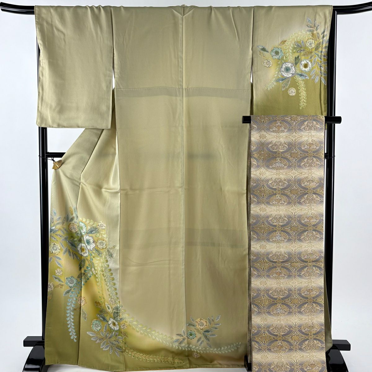 【美品】訪問服 身長169.5cm 袖長67cm M 雙層 袋帶套裝 辻花染圖案 金銀彩 漸層 灰綠 純蠶絲 名品級