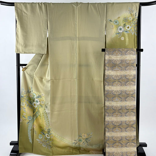 【美品】訪問服 身長169.5cm 袖長67cm M 雙層 袋帶套裝 辻花染圖案 金銀彩 漸層 灰綠 純蠶絲 名品級