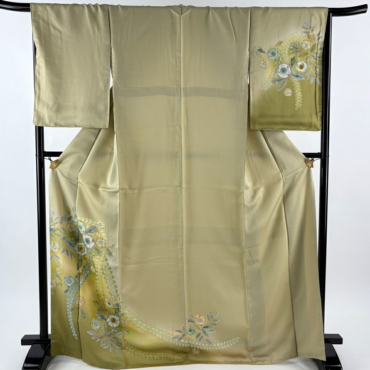 【美品】訪問服 身長169.5cm 袖長67cm M 雙層 袋帶套裝 辻花染圖案 金銀彩 漸層 灰綠 純蠶絲 名品級