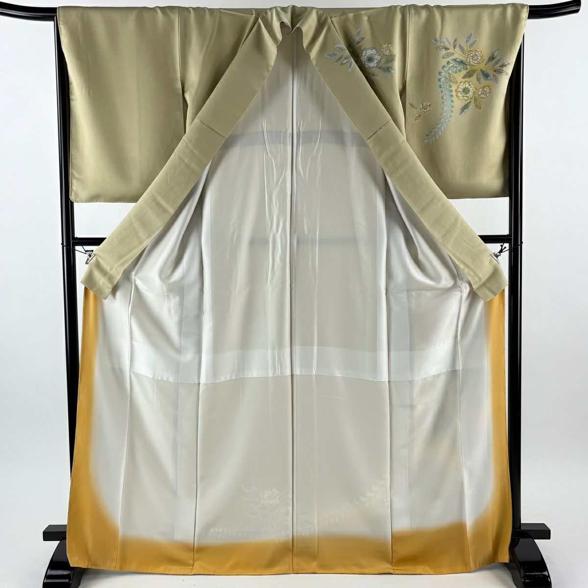 【美品】訪問服 身長169.5cm 袖長67cm M 雙層 袋帶套裝 辻花染圖案 金銀彩 漸層 灰綠 純蠶絲 名品級