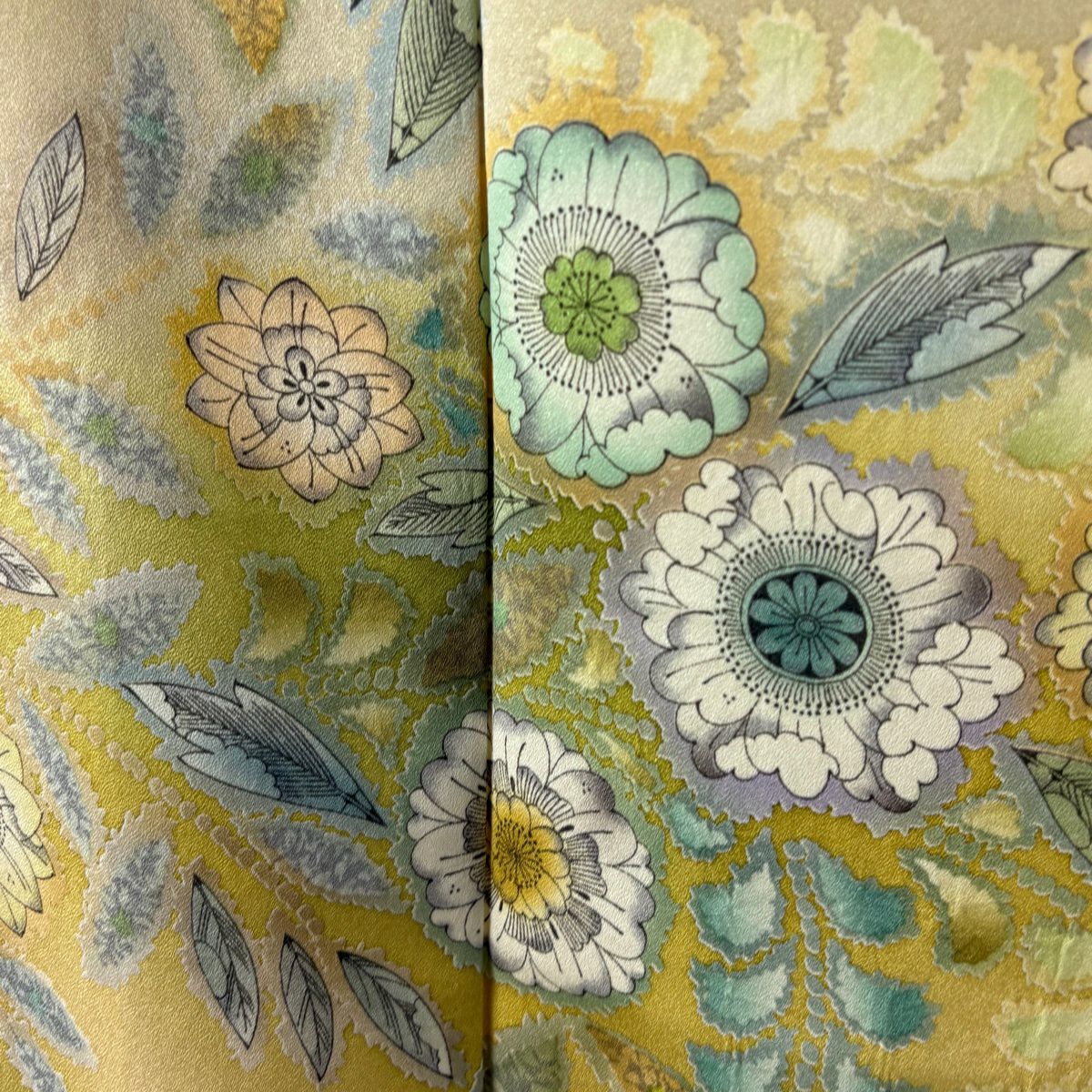 【美品】訪問服 身長169.5cm 袖長67cm M 雙層 袋帶套裝 辻花染圖案 金銀彩 漸層 灰綠 純蠶絲 名品級