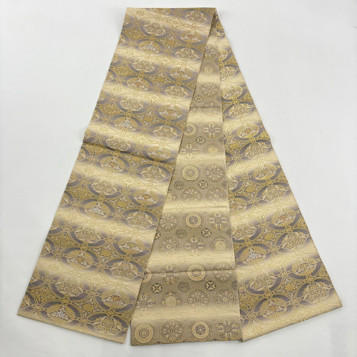 【美品】訪問服 身長169.5cm 袖長67cm M 雙層 袋帶套裝 辻花染圖案 金銀彩 漸層 灰綠 純蠶絲 名品級