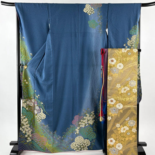 振袖禮服 身長166cm 袖長67.5cm L 雙層 袋帶全套 櫻花 草花紋紋 金彩裝飾 絞染 藍色 純蠶絲 名品級