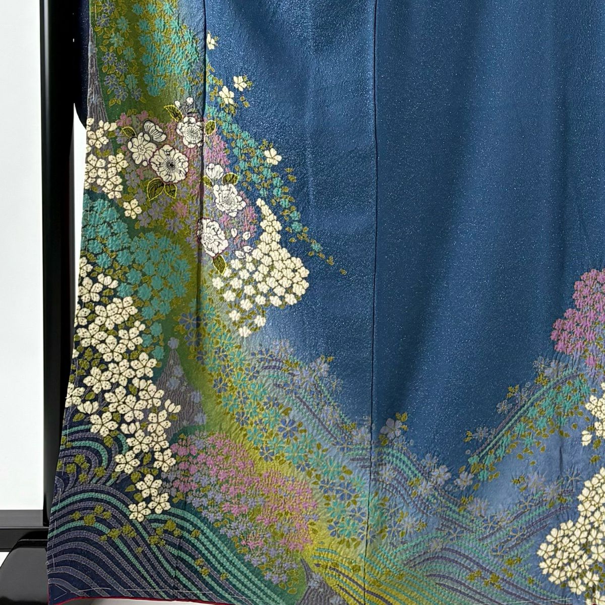 振袖禮服 身長166cm 袖長67.5cm L 雙層 袋帶全套 櫻花 草花紋紋 金彩裝飾 絞染 藍色 純蠶絲 名品級