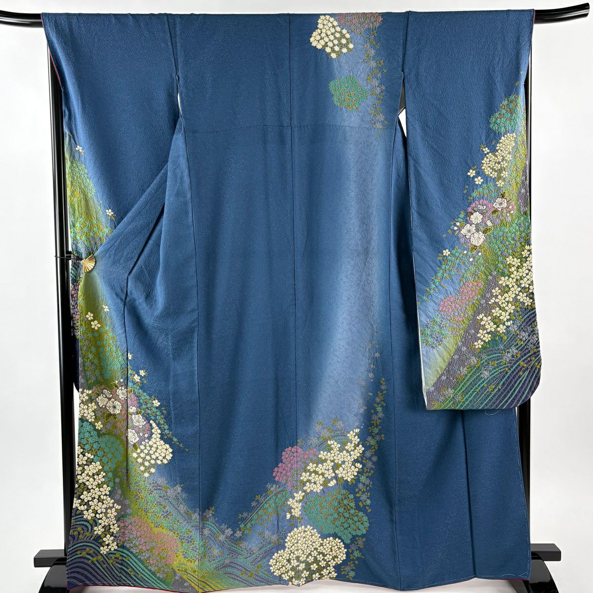 振袖禮服 身長166cm 袖長67.5cm L 雙層 袋帶全套 櫻花 草花紋紋 金彩裝飾 絞染 藍色 純蠶絲 名品級