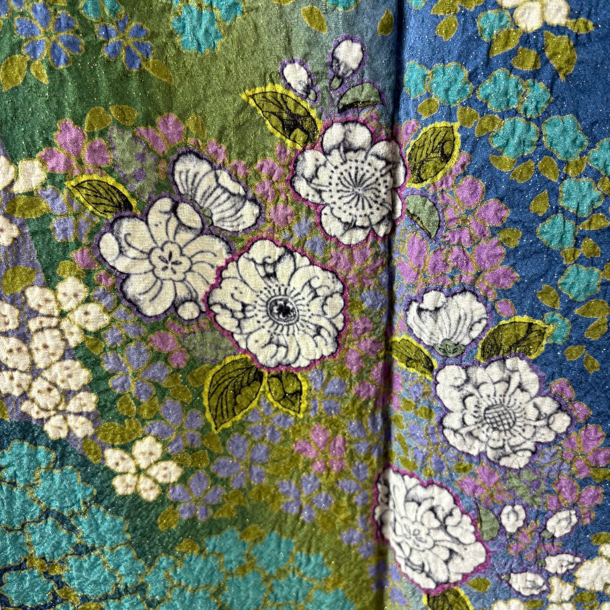 振袖禮服 身長166cm 袖長67.5cm L 雙層 袋帶全套 櫻花 草花紋紋 金彩裝飾 絞染 藍色 純蠶絲 名品級