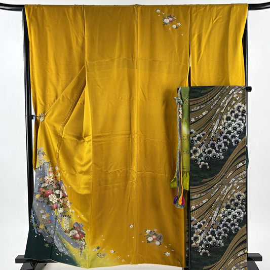 【美品】振袖禮服 身長160.5cm 袖長66cm M 雙層 袋帶全套 鼓 牡丹 金絲 金銀彩 山吹 純蠶絲 秀品級