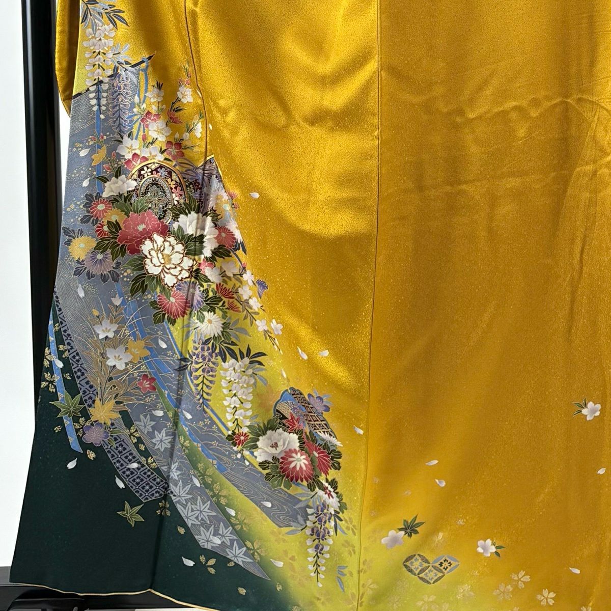 【美品】振袖禮服 身長160.5cm 袖長66cm M 雙層 袋帶全套 鼓 牡丹 金絲 金銀彩 山吹 純蠶絲 秀品級