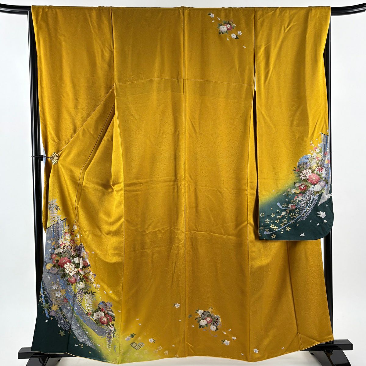 【美品】振袖禮服 身長160.5cm 袖長66cm M 雙層 袋帶全套 鼓 牡丹 金絲 金銀彩 山吹 純蠶絲 秀品級