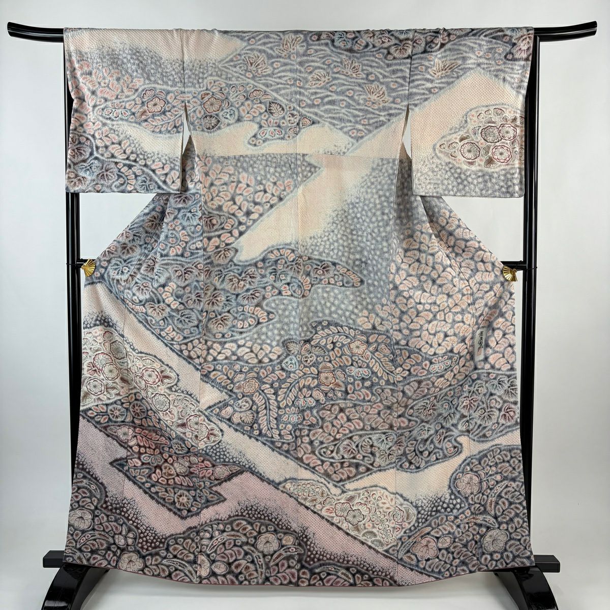 訪問服 身長164cm 袖長67cm M 雙層 京屋林藏 落款あり 辻花染 淺粉色 純蠶絲 逸品級