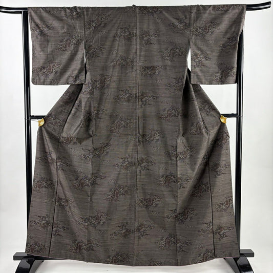 紬織 身長162.5cm 袖長65.5cm M 雙層 笠松樹 御所車 焦茶 純蠶絲 優品級
