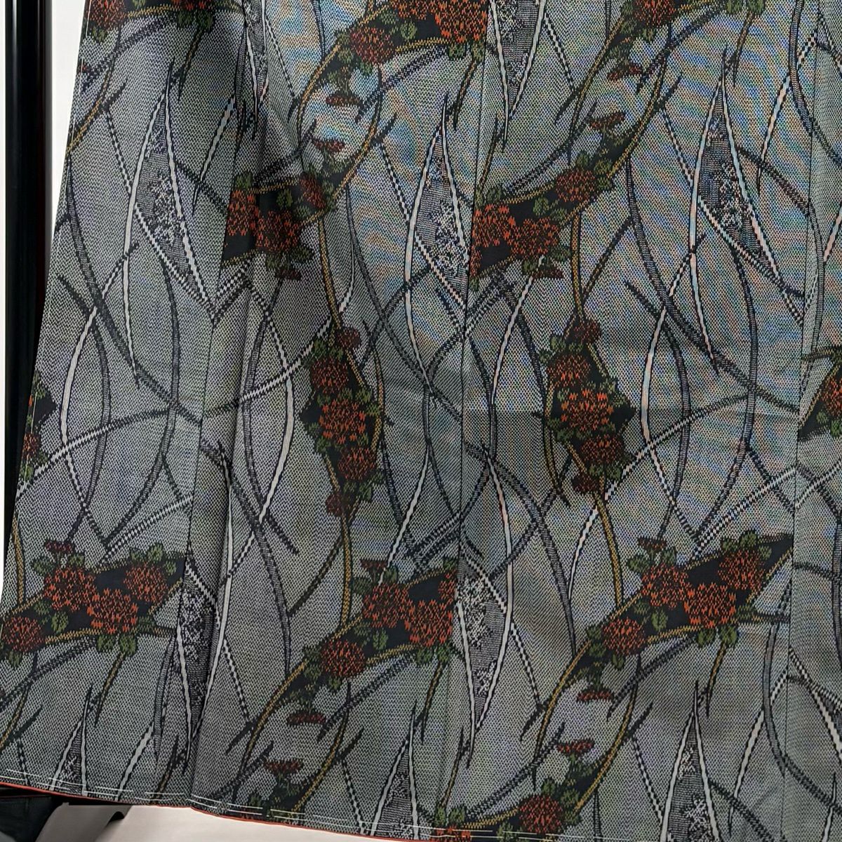 【美品】 紬織織 身長165cm 袖長66.5cm M 雙層 草花紋紋 芝 黑灰 純蠶絲 優品級