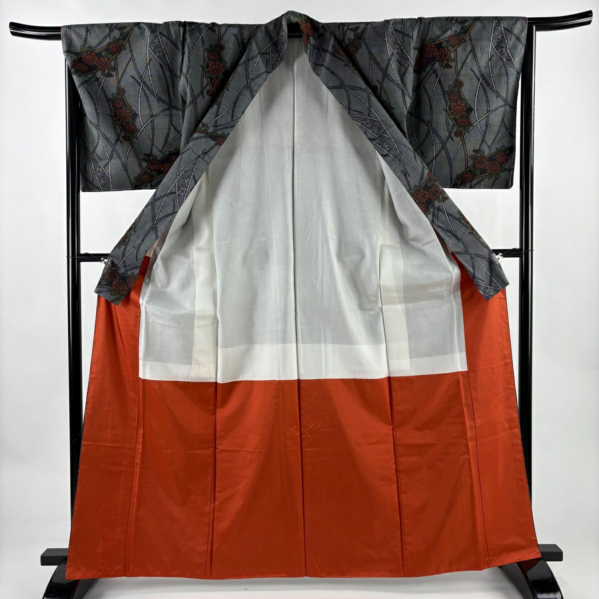 【美品】 紬織織 身長165cm 袖長66.5cm M 雙層 草花紋紋 芝 黑灰 純蠶絲 優品級
