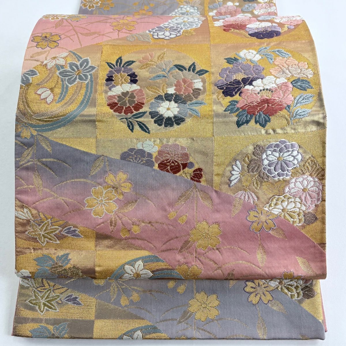 袋帶 秀品級 花丸紋 梅花 唐織 金金箔 淺粉 六通 純蠶絲
