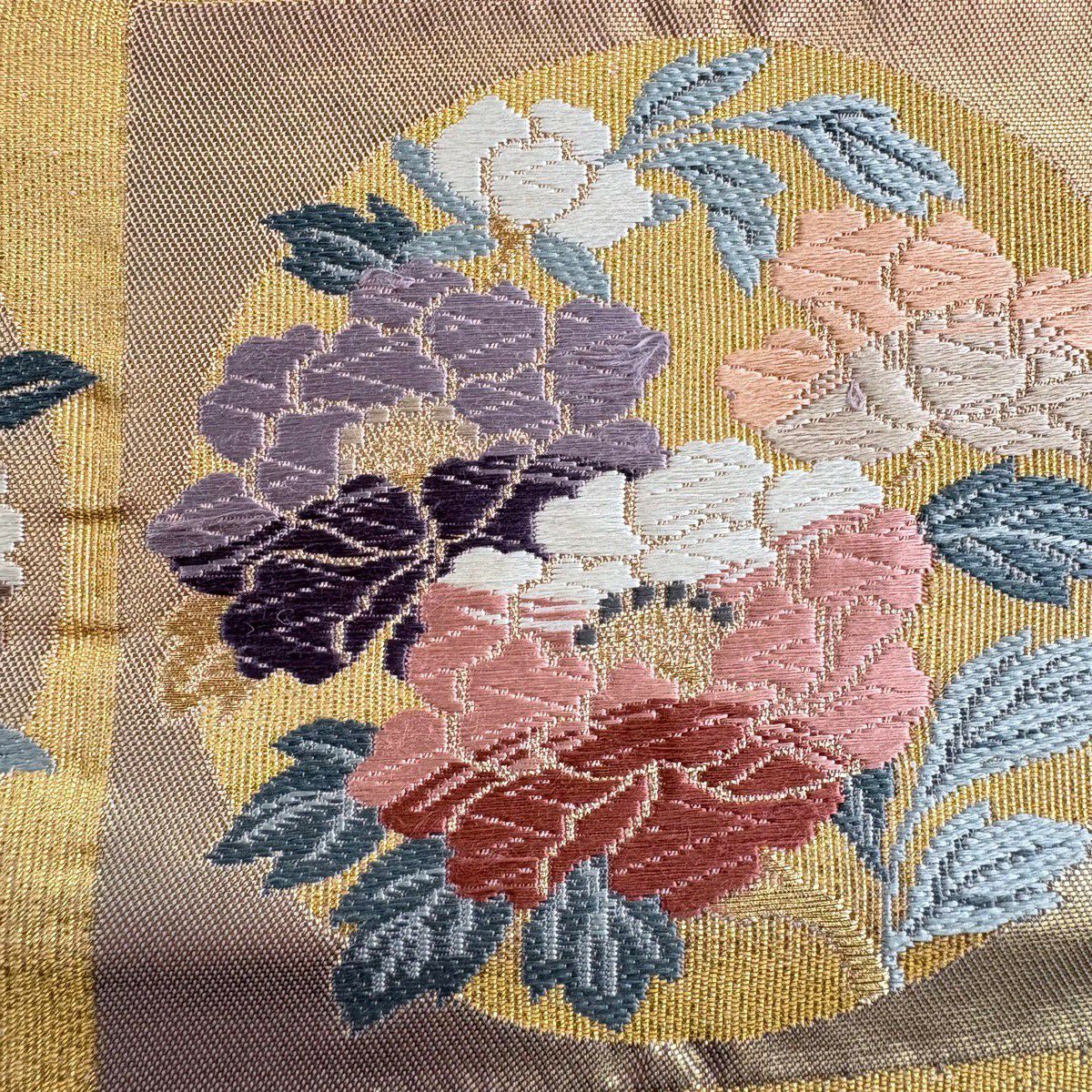 袋帶 秀品級 花丸紋 梅花 唐織 金金箔 淺粉 六通 純蠶絲