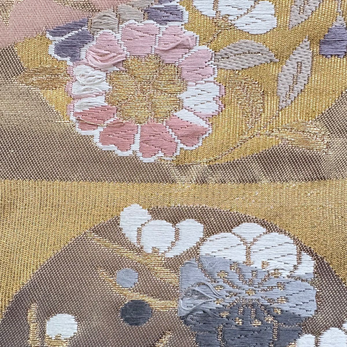 袋帶 秀品級 花丸紋 梅花 唐織 金金箔 淺粉 六通 純蠶絲