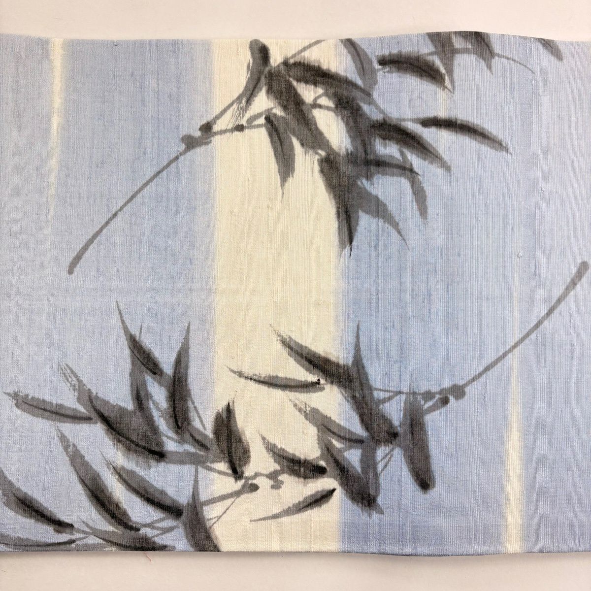 開口名古屋帶 優品級 有落款 紬織織地 竹子葉 霞 青灰色 純蠶絲