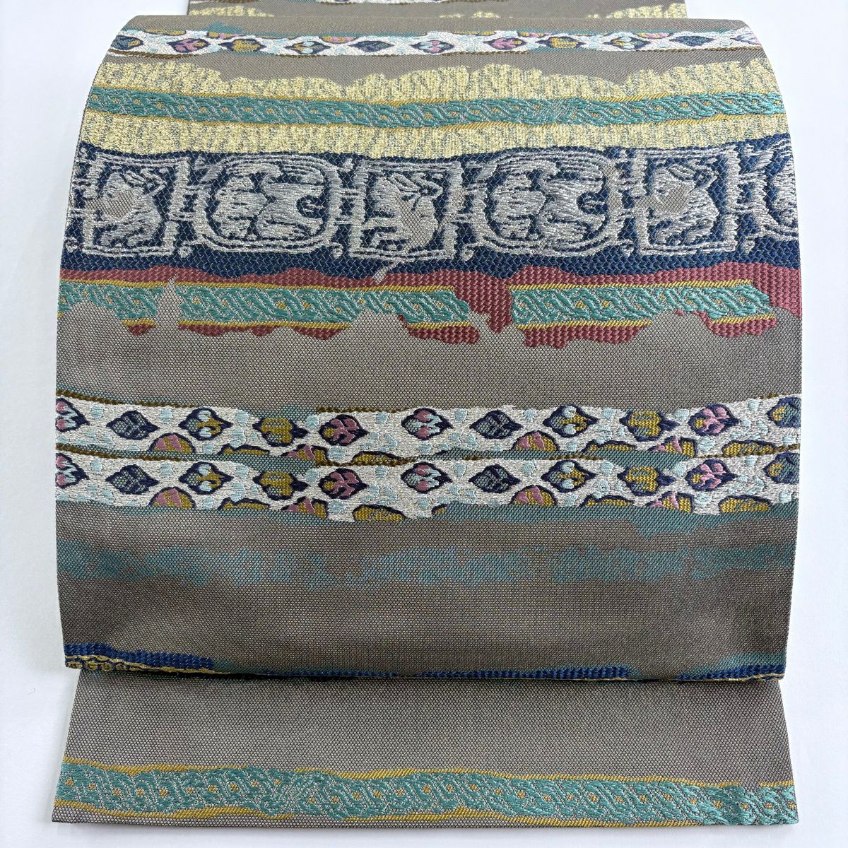 【美品】 袋帶 秀品級 段紋 動物 金金箔 灰綠 六通 純蠶絲