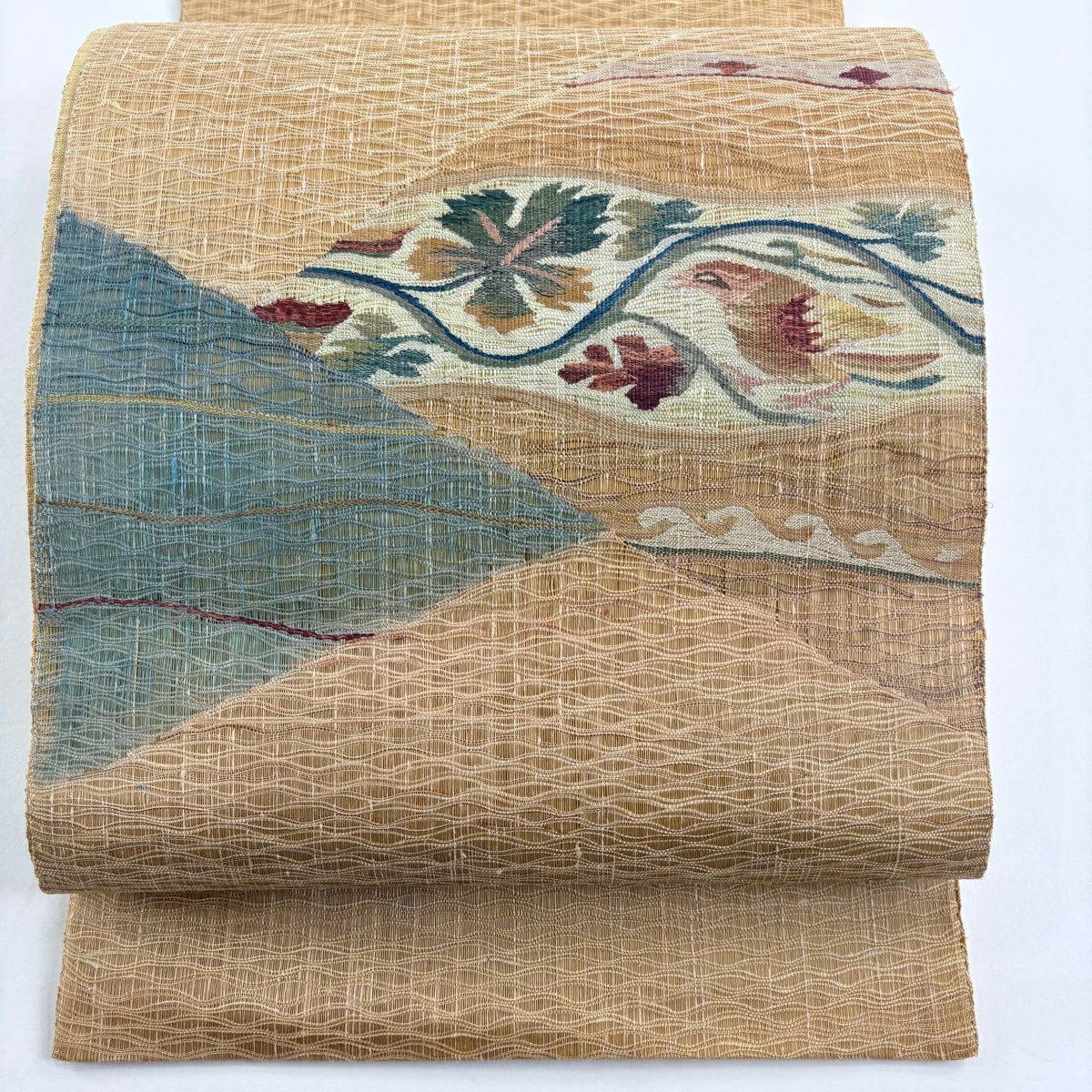 袋帶 秀品級 鳥 唐草紋 金絲 漸變 山吹茶 素材 純蠶絲