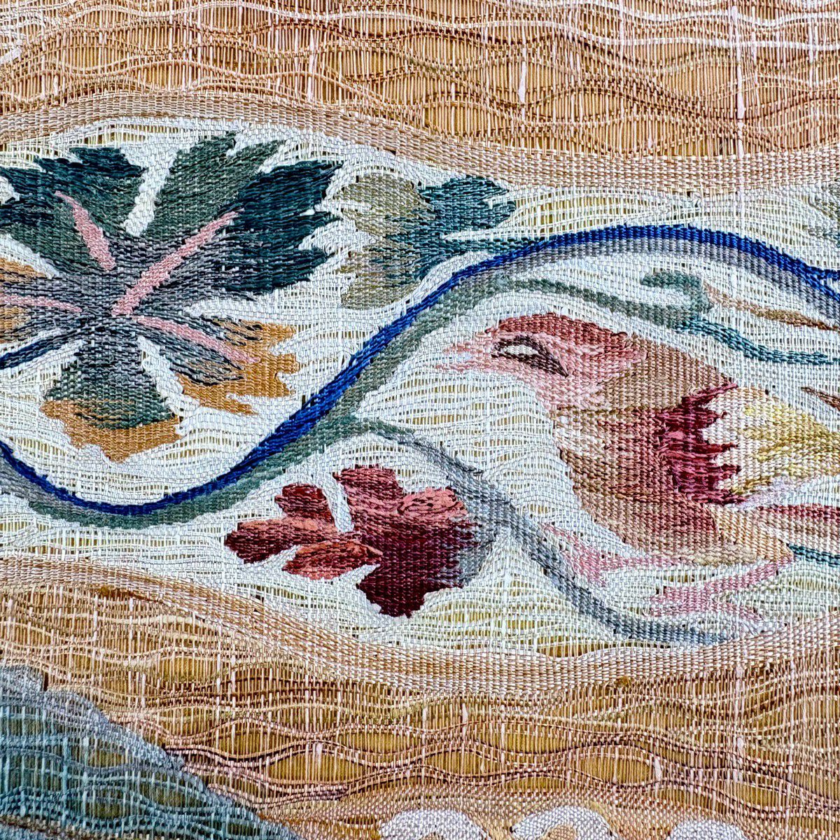 袋帶 秀品級 鳥 唐草紋 金絲 漸變 山吹茶 素材 純蠶絲