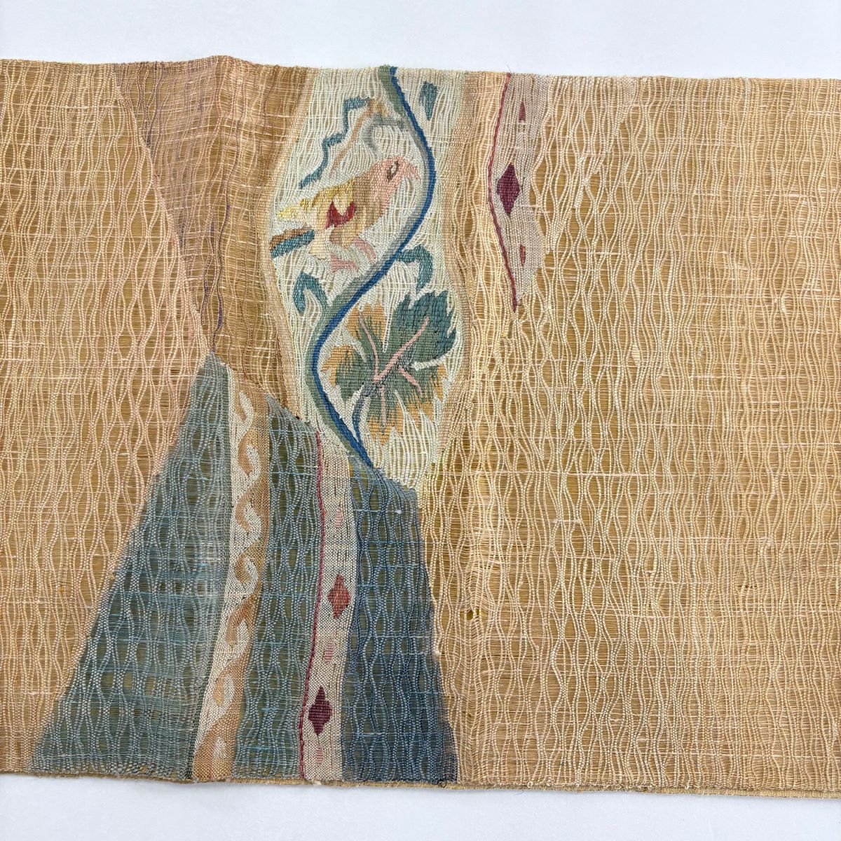 袋帶 秀品級 鳥 唐草紋 金絲 漸變 山吹茶 素材 純蠶絲