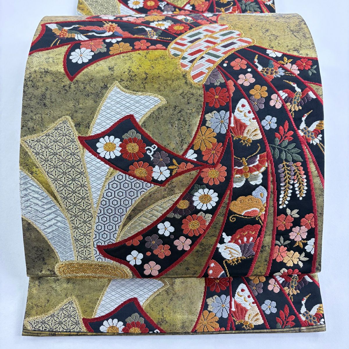 【美品】 袋帶 秀品級 關西仕立 雜束熨斗紋 花鳥 刺繡 金銀彩 金色 六通 純蠶絲
