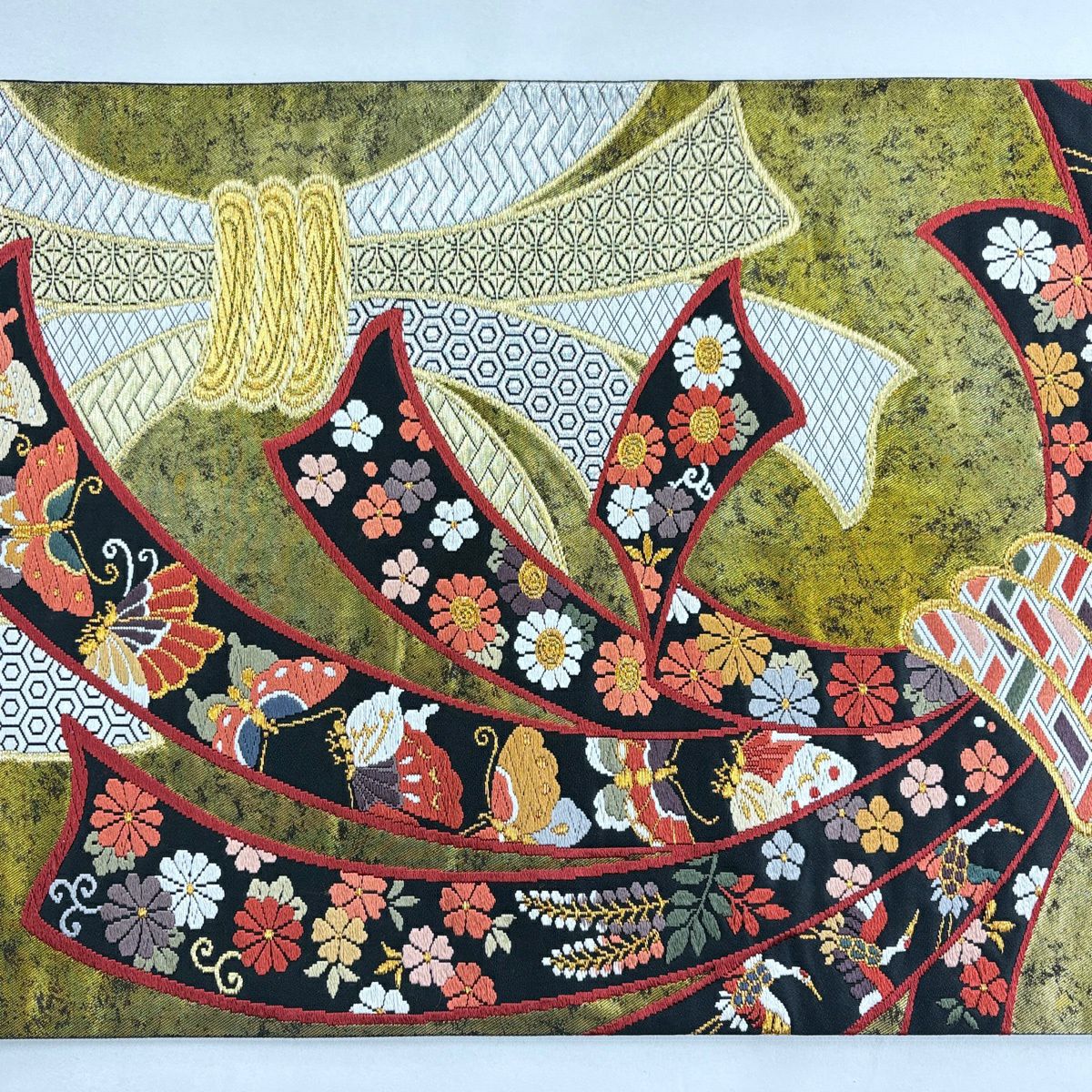 【美品】 袋帶 秀品級 關西仕立 雜束熨斗紋 花鳥 刺繡 金銀彩 金色 六通 純蠶絲