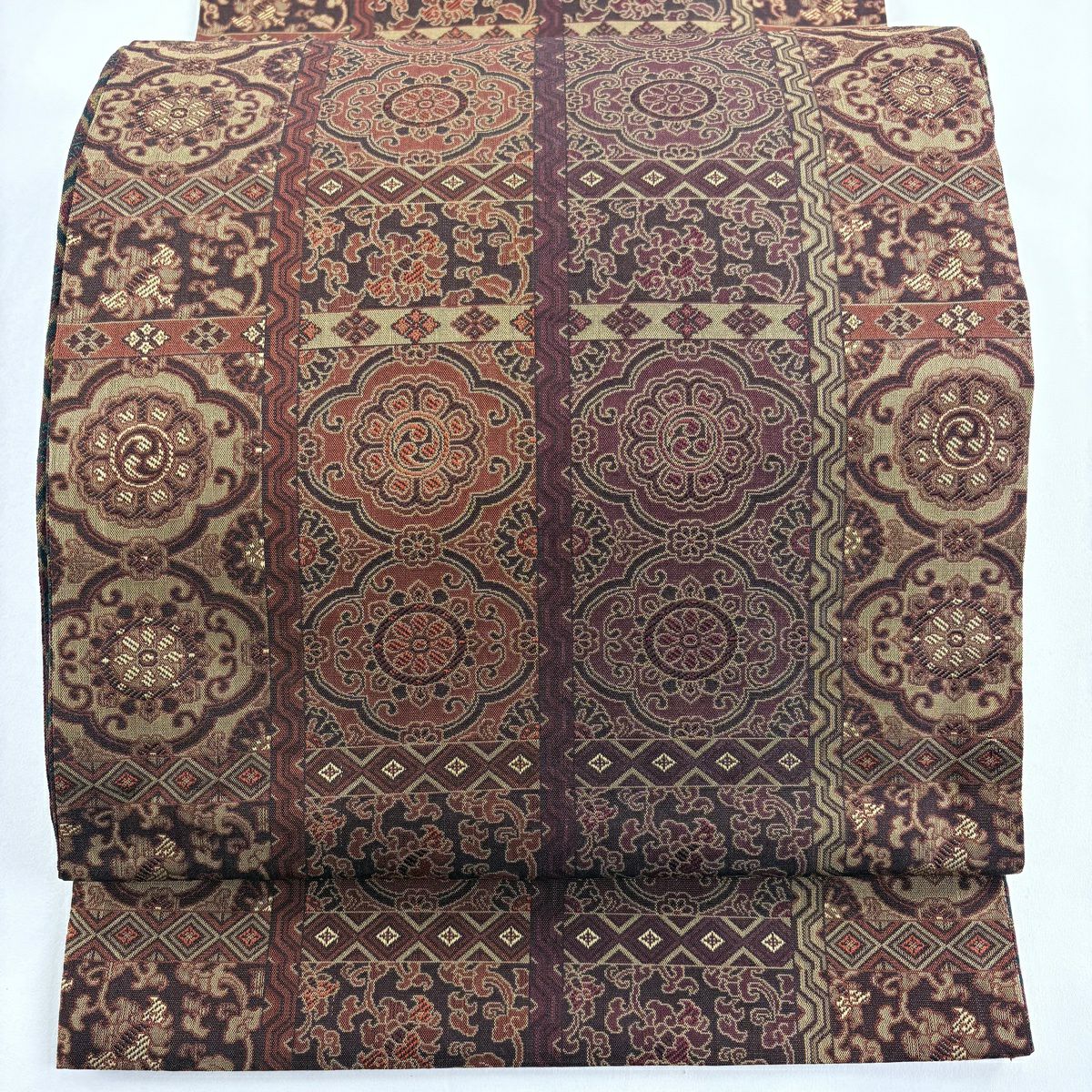 【美品】 袋帶 秀品級 證明書附帶 華紋 草花紋 紅茶 全通 純蠶絲