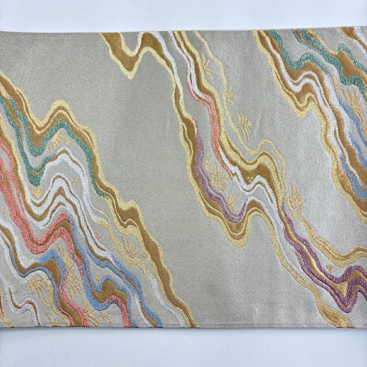 【美品】 袋帶 秀品級 流水葉 銀線 金金箔 銀 六通 純蠶絲