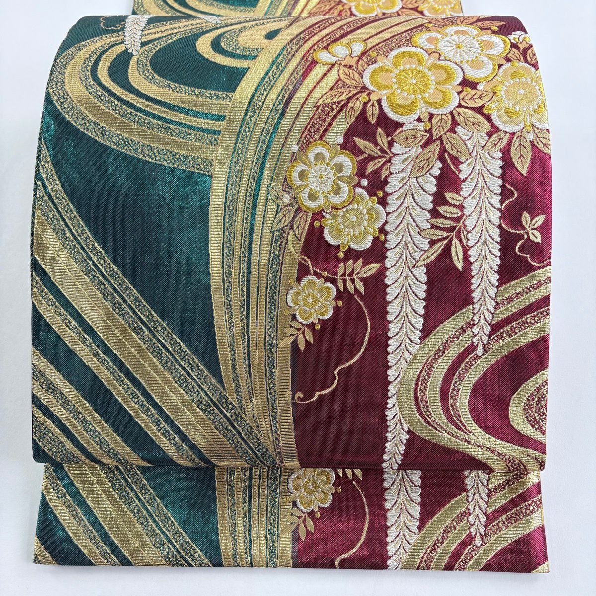【美品】 袋帶 秀品級 鈴乃屋 草花紋紋 流水 金銀彩 流水 紅 六通 純蠶絲