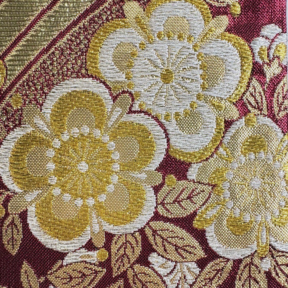 【美品】 袋帶 秀品級 鈴乃屋 草花紋紋 流水 金銀彩 流水 紅 六通 純蠶絲