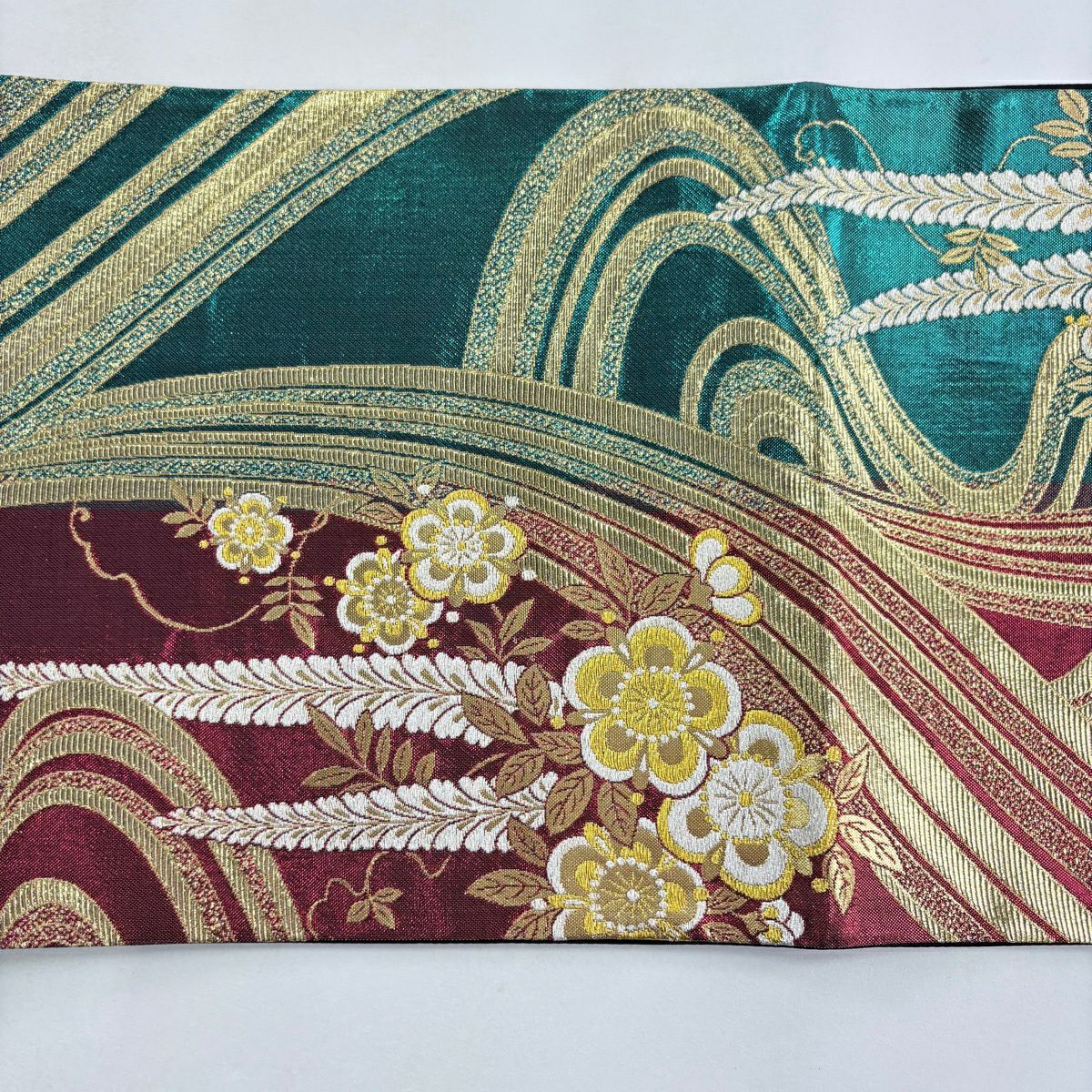 【美品】 袋帶 秀品級 鈴乃屋 草花紋紋 流水 金銀彩 流水 紅 六通 純蠶絲