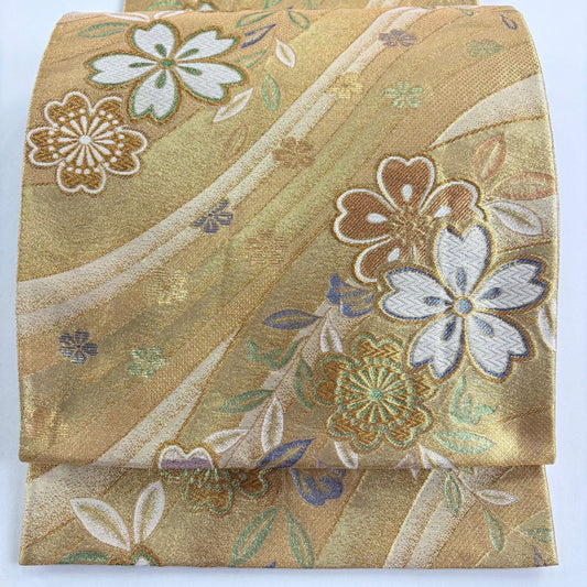 袋帶 秀品級 櫻花 斜紋 刺繡 金絲 金 六通 純蠶絲