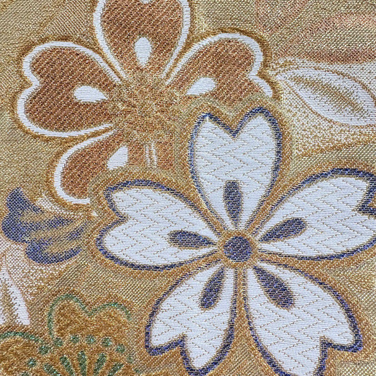 袋帶 秀品級 櫻花 斜紋 刺繡 金絲 金 六通 純蠶絲